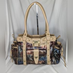 💥EUC SHARIF GENUINE LEATHER REPTILE EMBOSSED MULTI COLOR LARGE SHOULDER TOTE💥